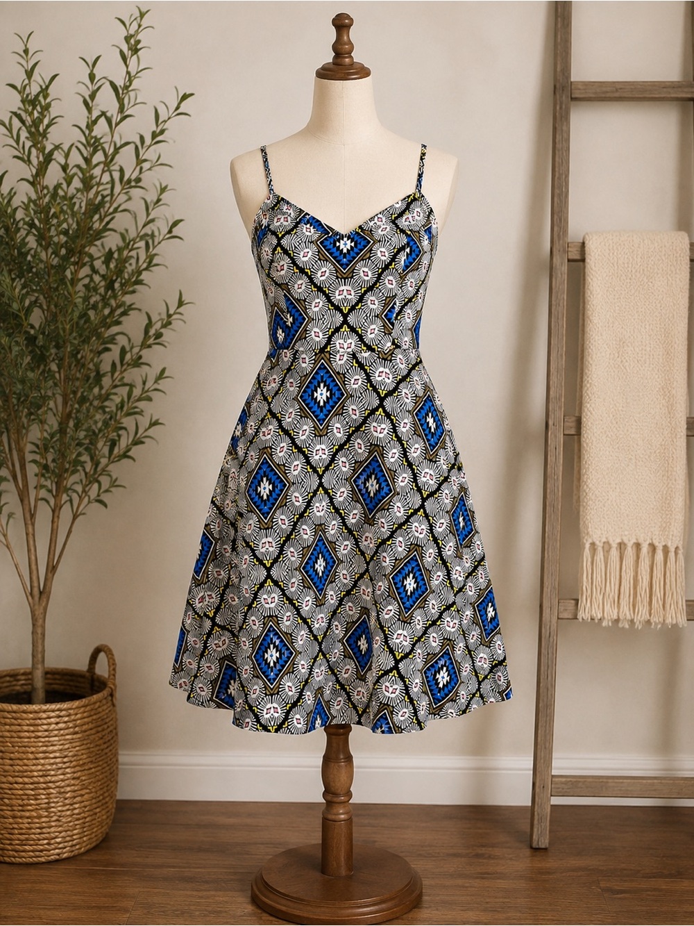 Old Navy Blue and Black Geometric Midi Sundress
